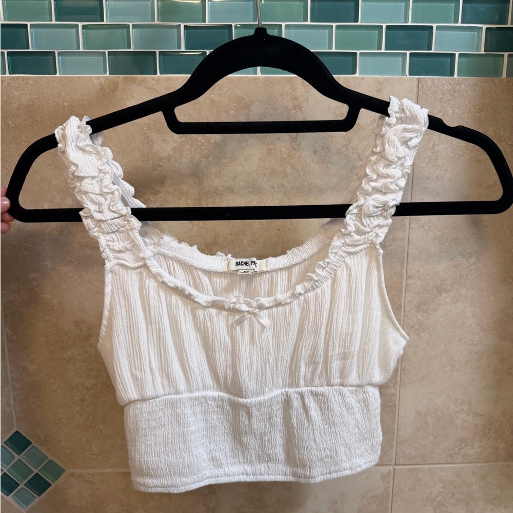 Rachel Paige White Ruffled Strap Cropped Tank
